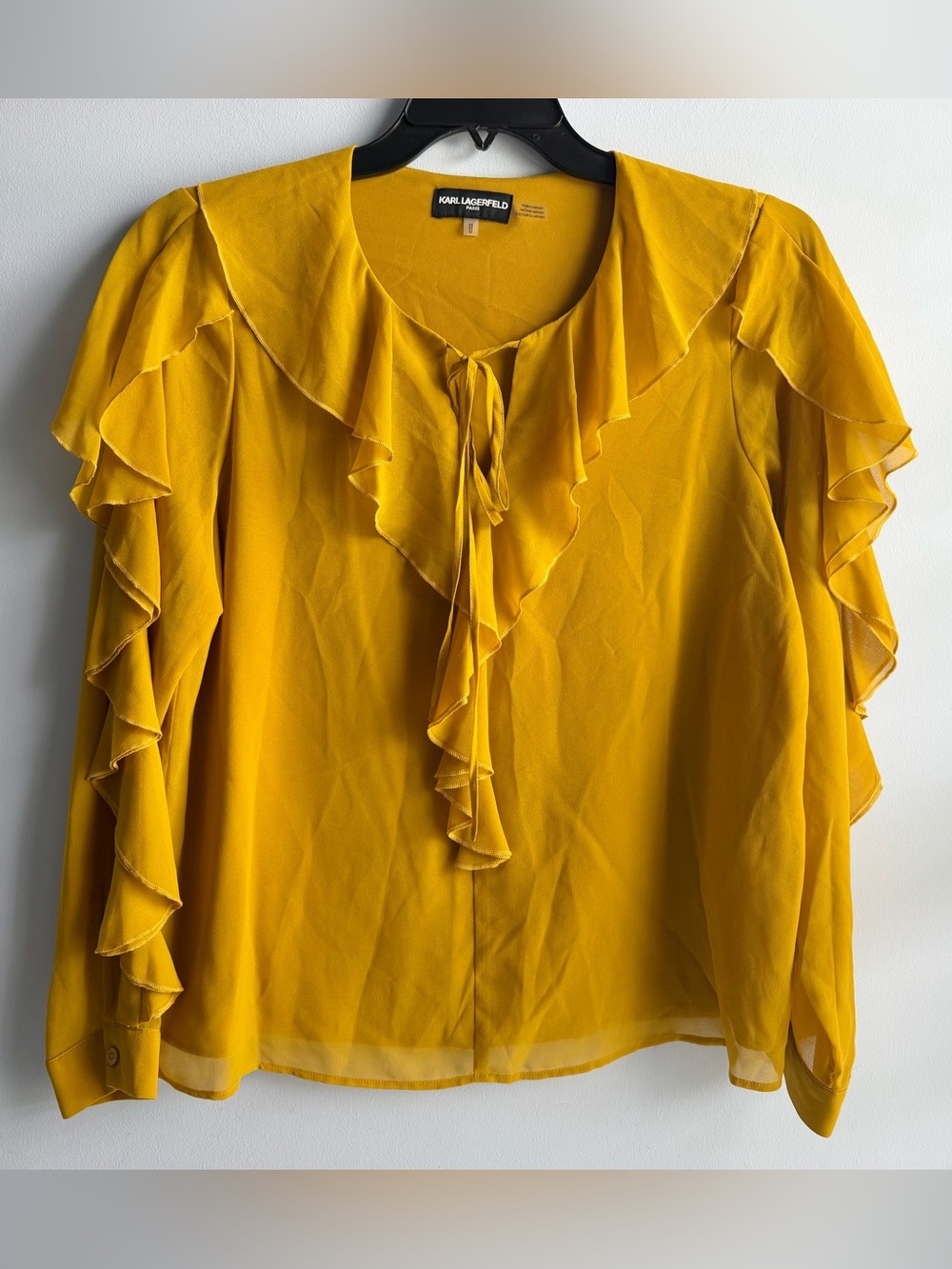 NWOT KARL LAGERFELD Women's Yellow Long Sheer Sleeve Keyhole Ruffle Top Medium